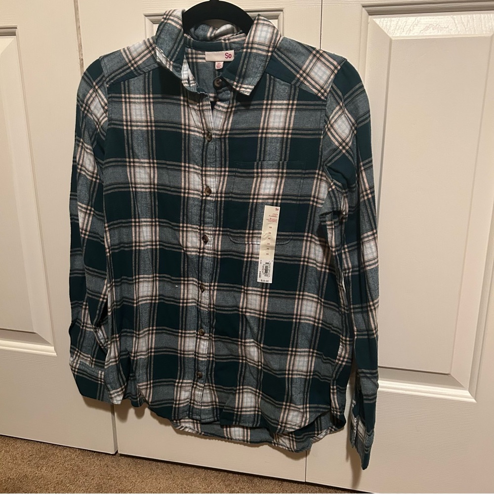 SO flannel top. Deep green plaid. 100% cotton. NTW. Size XS